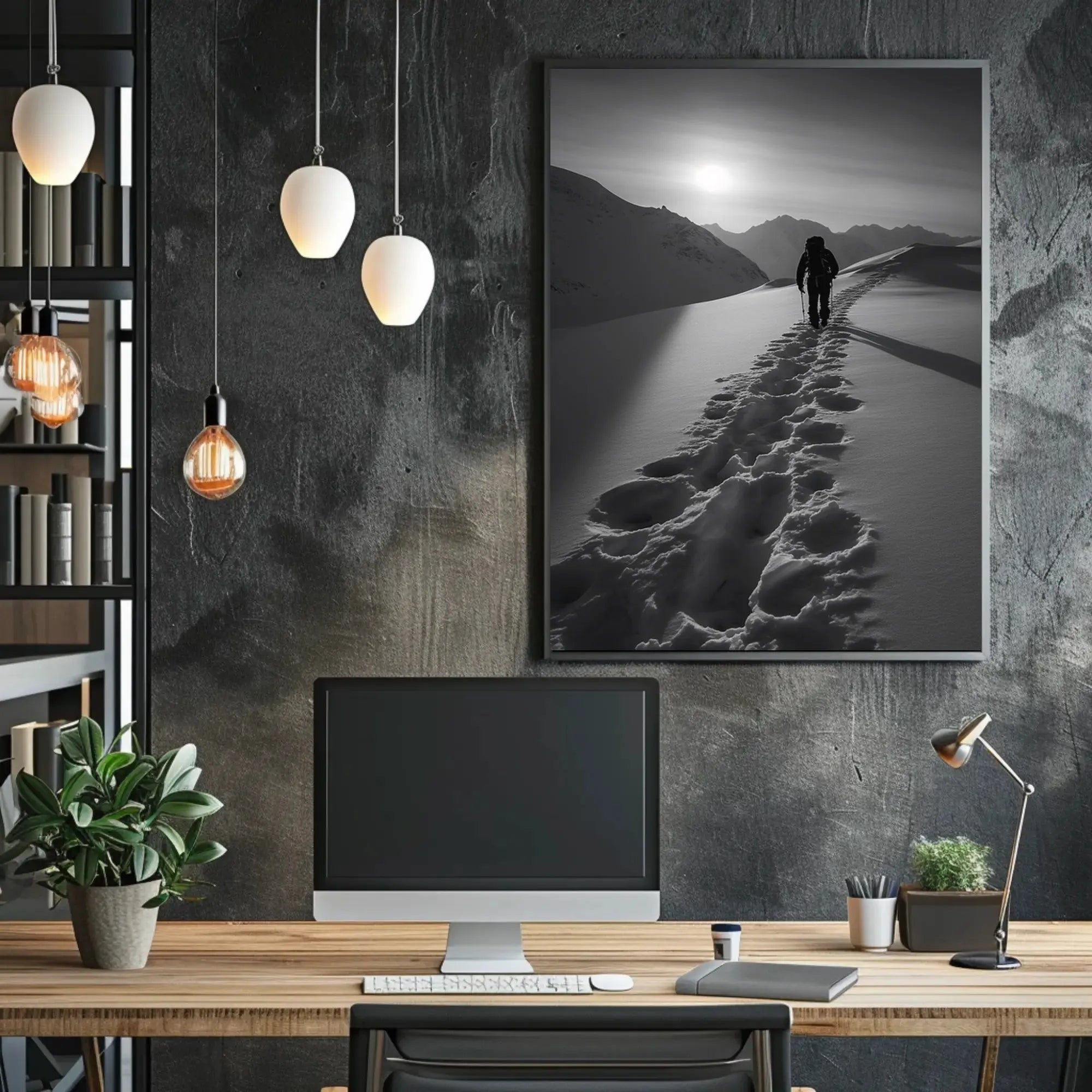 Lone Hiker in Snowy Mountains Travel Poster PosterGoat