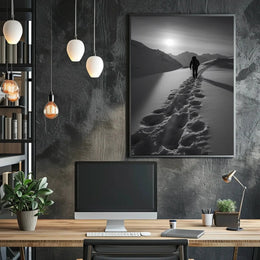 Lone Hiker in Snowy Mountains Travel Poster PosterGoat