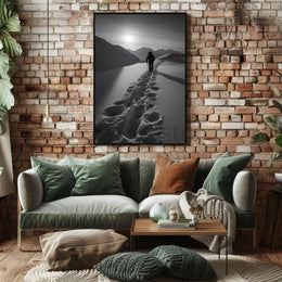 Lone Hiker in Snowy Mountains Travel Poster PosterGoat