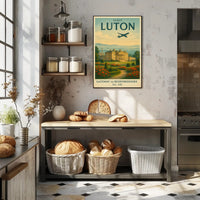 Luton Travel Poster with Vintage Mansion and Airplane Silhouette PosterGoat