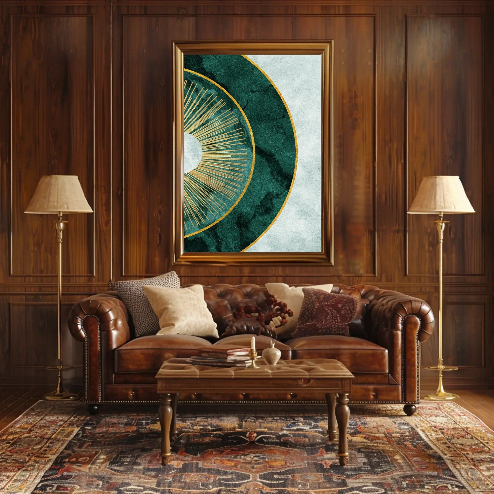 Luxurious Gold Sunburst Abstract on Green Artistic Poster PosterGoat