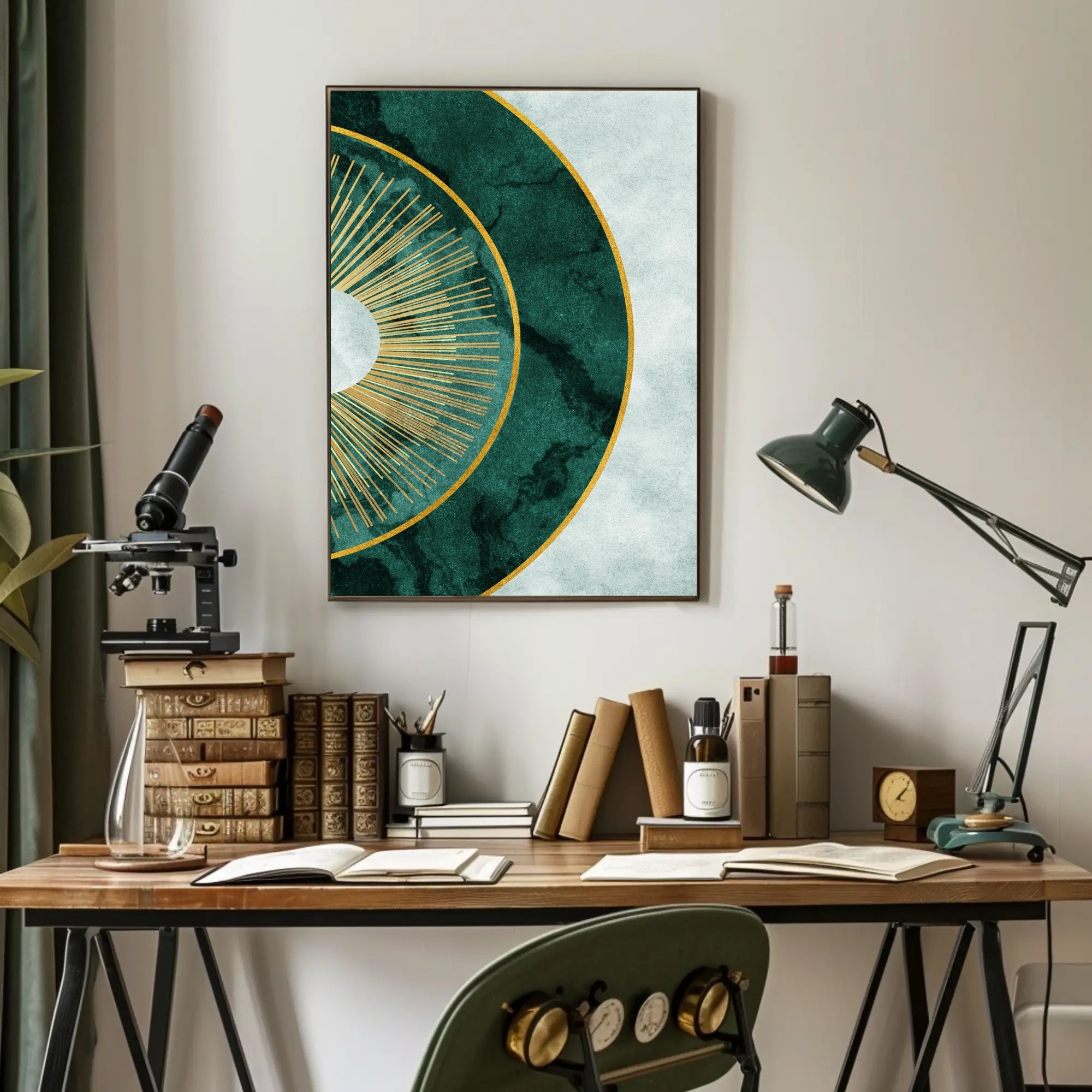 Luxurious Gold Sunburst Abstract on Green Artistic Poster PosterGoat