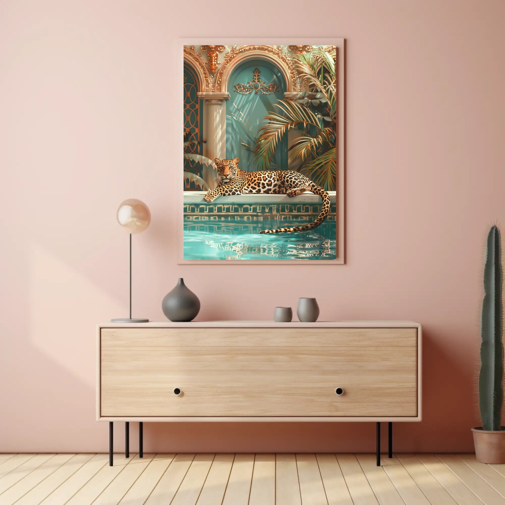 Luxurious Leopard by the Pool Animal Poster PosterGoat