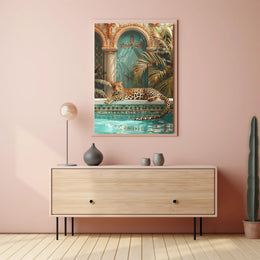 Luxurious Leopard by the Pool Animal Poster PosterGoat