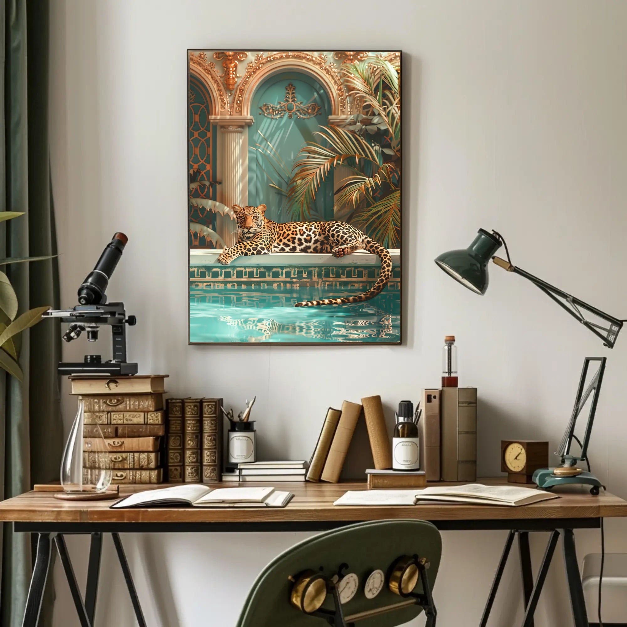 Luxurious Leopard by the Pool Animal Poster PosterGoat