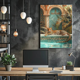 Luxurious Leopard by the Pool Animal Poster PosterGoat