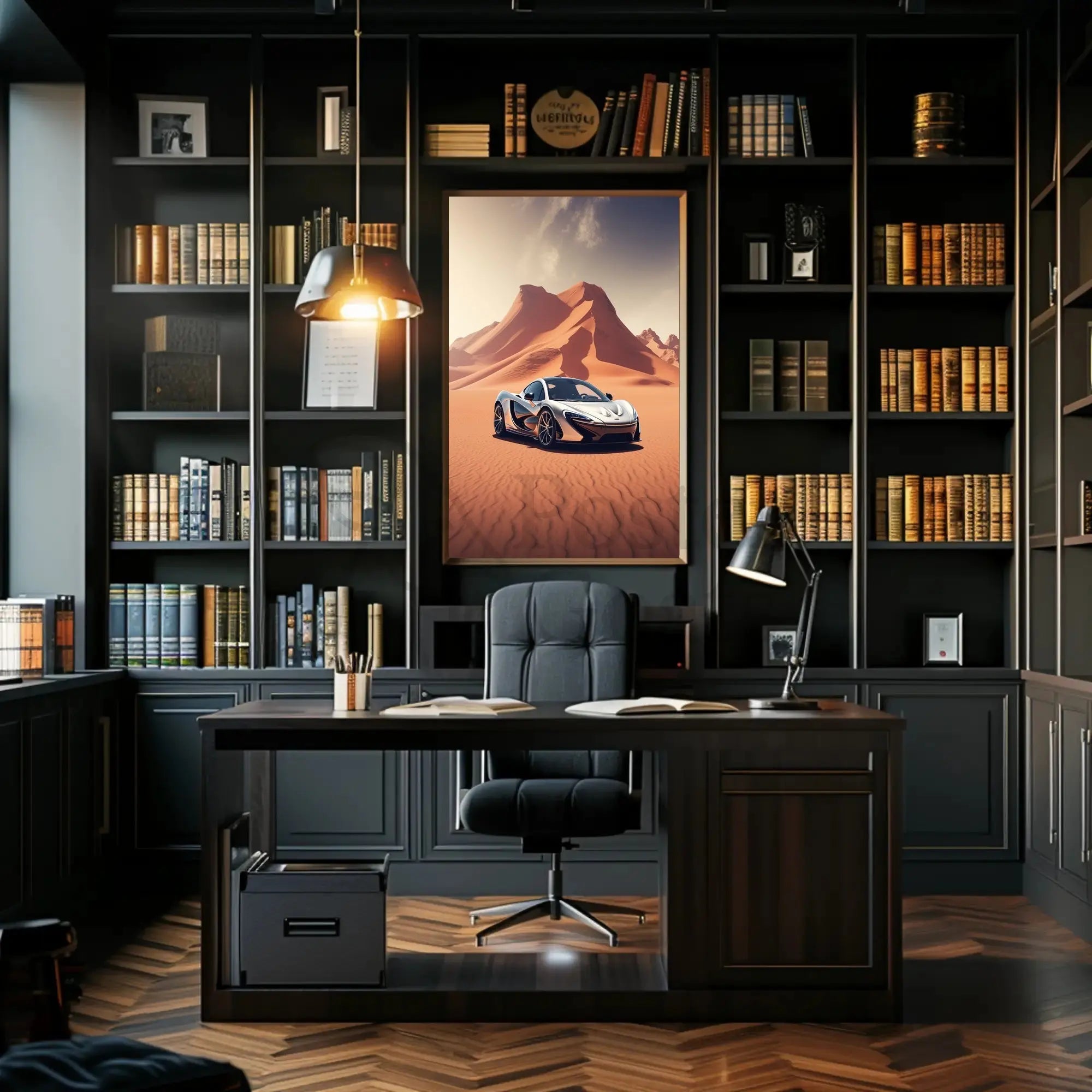 Luxury Car in Breathtaking Desert Adventure Artistic Poster PosterGoat