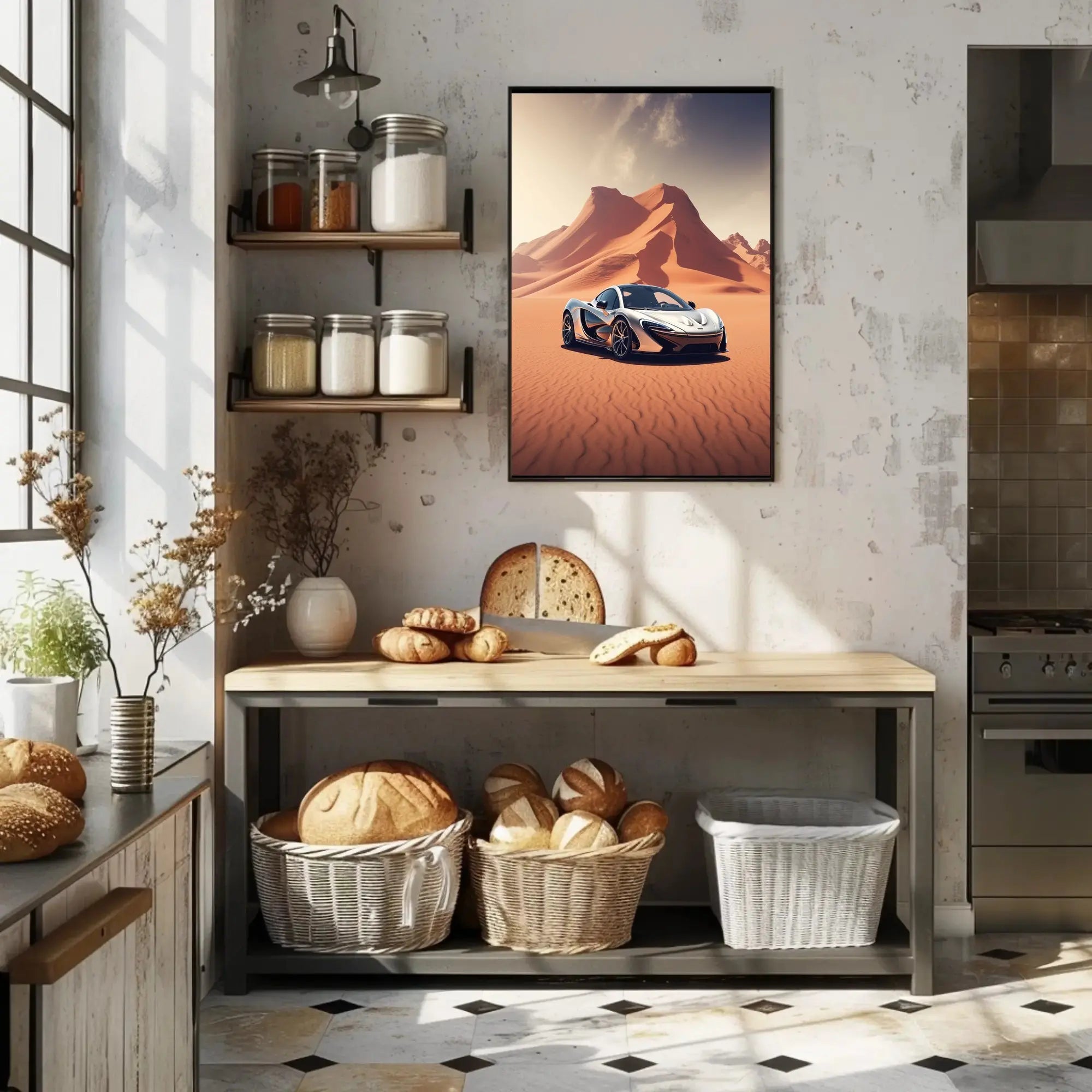 Luxury Car in Breathtaking Desert Adventure Artistic Poster PosterGoat