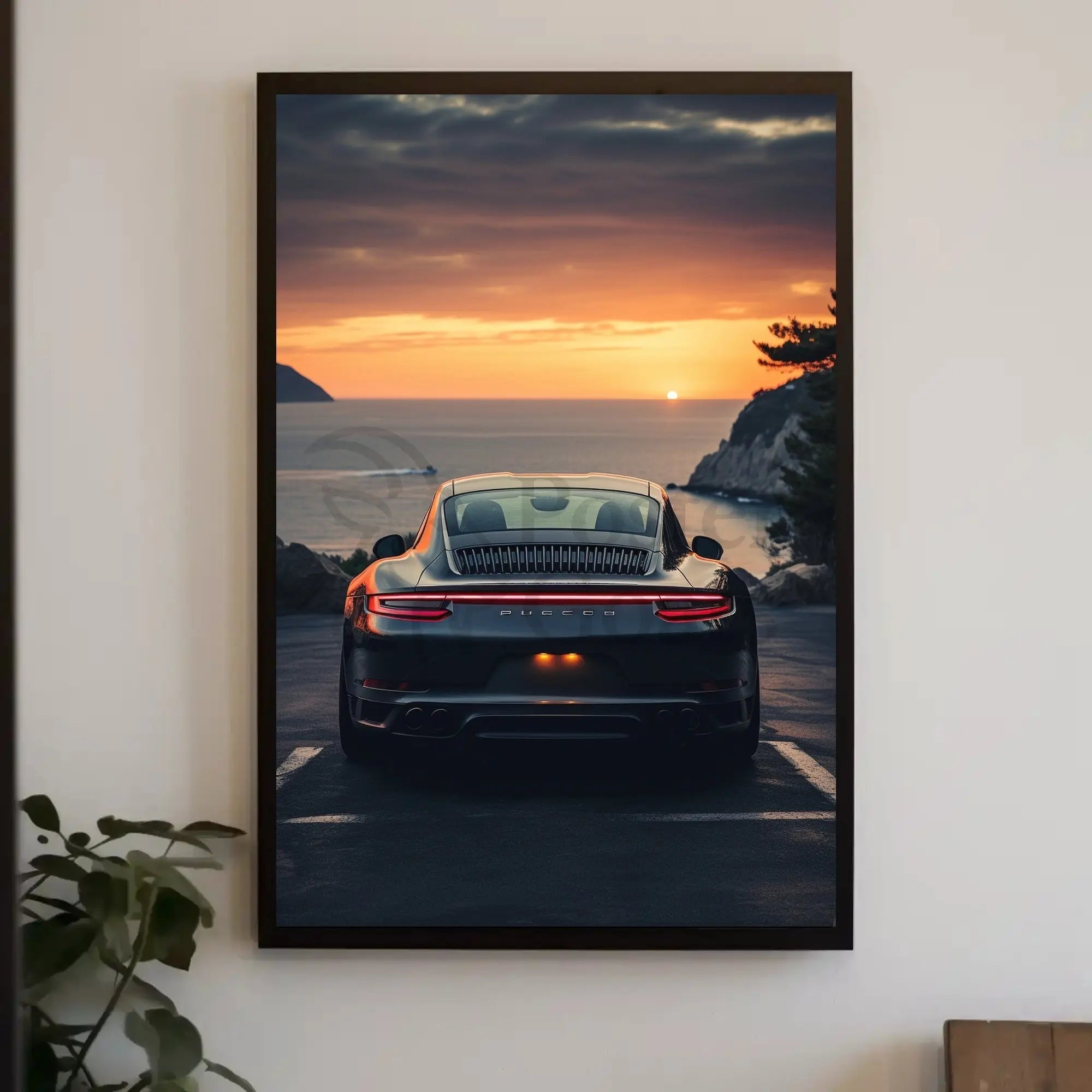 Luxury Sports Car Sunset Coastal Road Poster PosterGoat