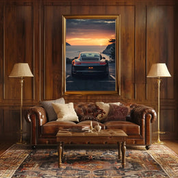 Luxury Sports Car Sunset Coastal Road Poster PosterGoat