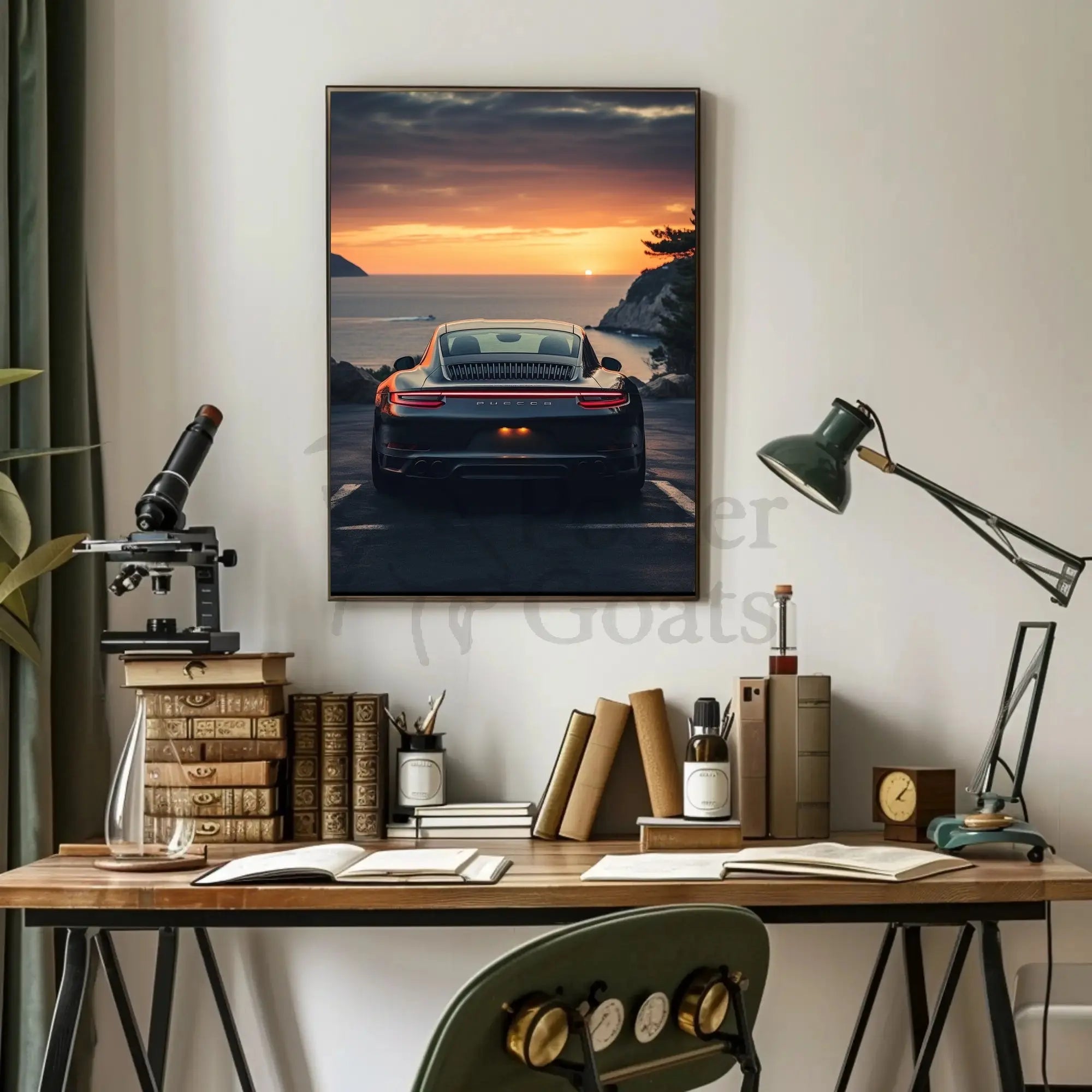 Luxury Sports Car Sunset Coastal Road Poster PosterGoat