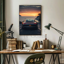 Luxury Sports Car Sunset Coastal Road Poster PosterGoat