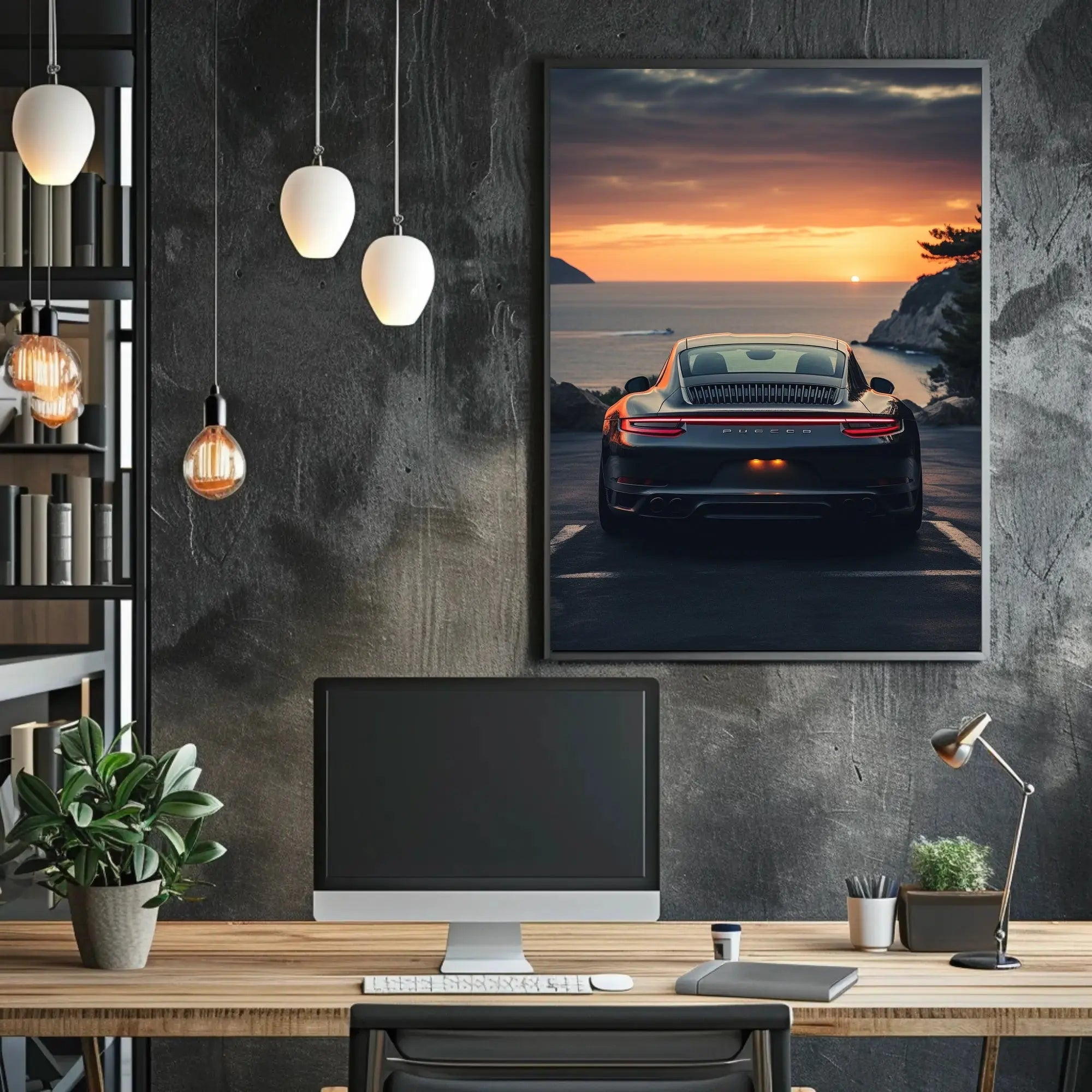 Luxury Sports Car Sunset Coastal Road Poster PosterGoat