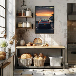 Luxury Sports Car Sunset Coastal Road Poster PosterGoat