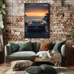 Luxury Sports Car Sunset Coastal Road Poster PosterGoat