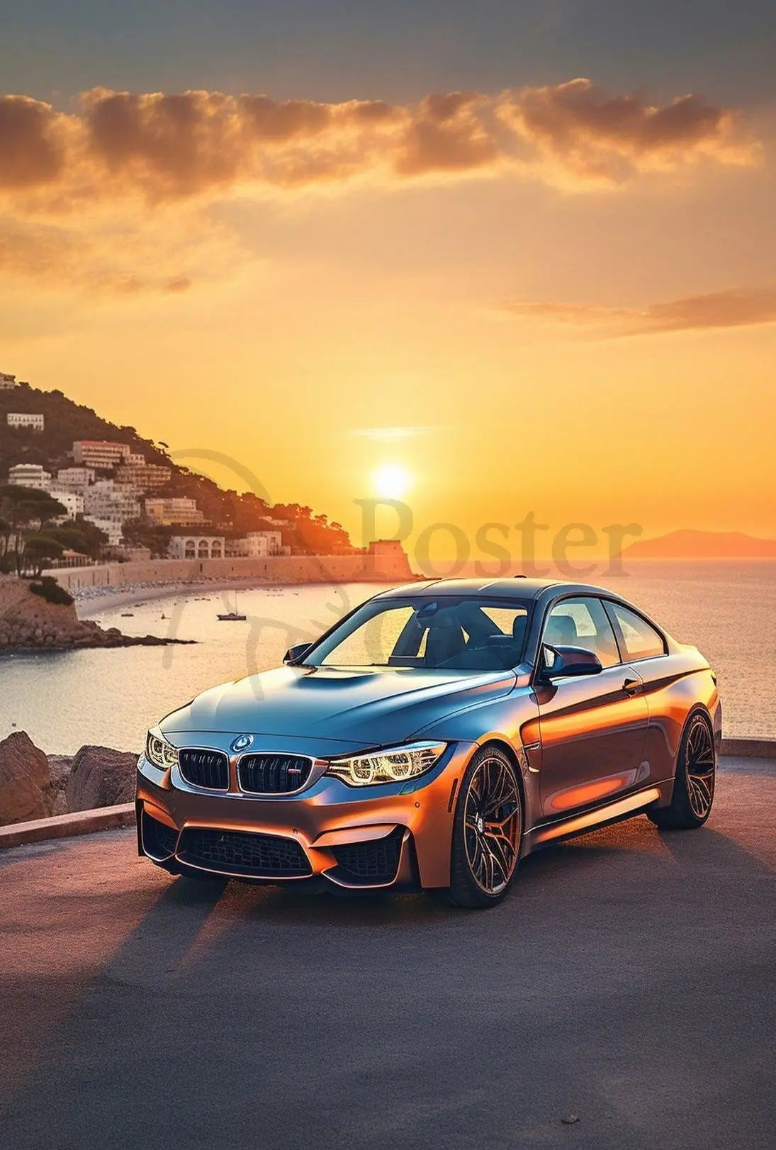 Luxury Sports Car Sunset Scene in Mediterranean Travel Poster PosterGoat