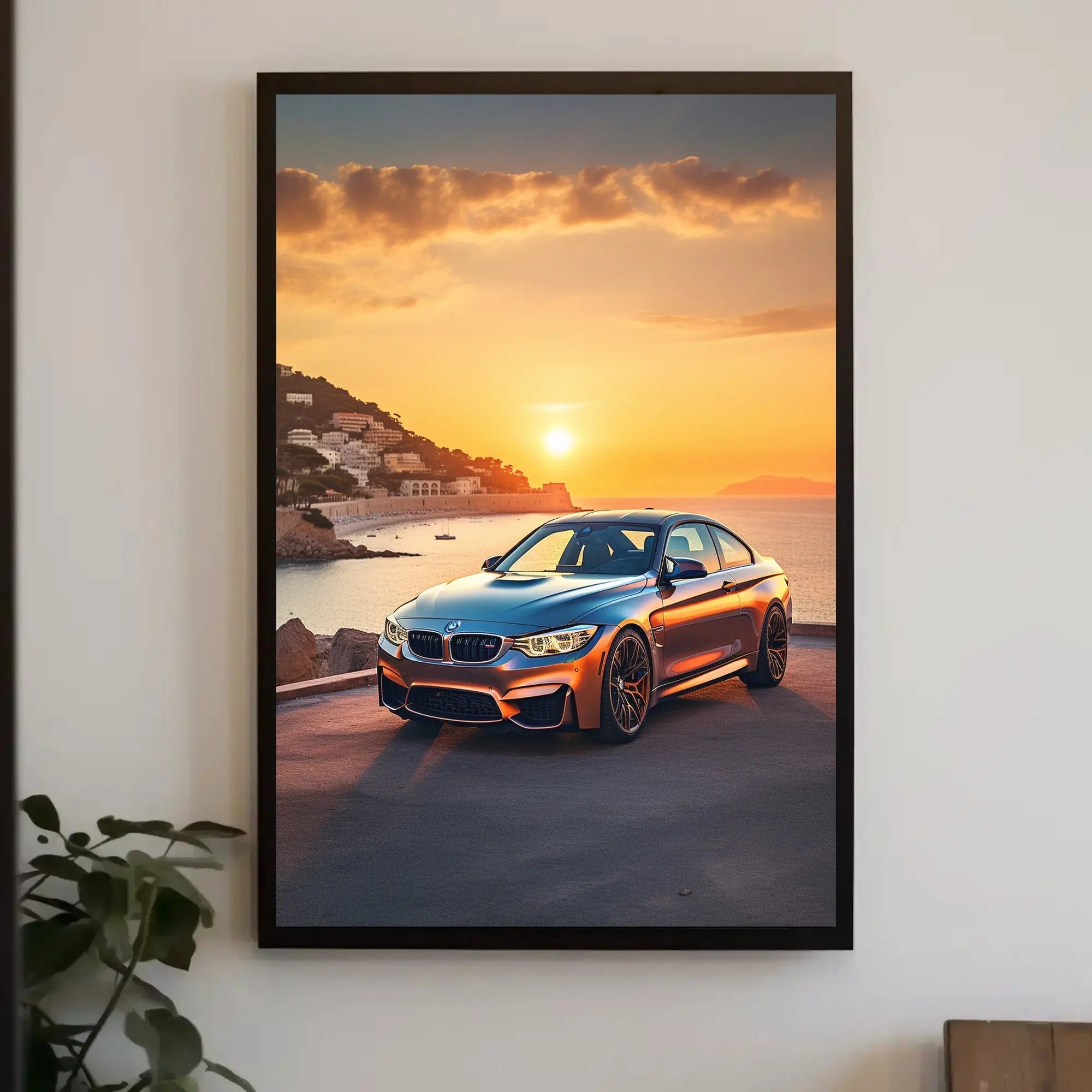 Luxury Sports Car Sunset Scene in Mediterranean Travel Poster PosterGoat
