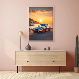 Luxury Sports Car Sunset Scene in Mediterranean Travel Poster PosterGoat