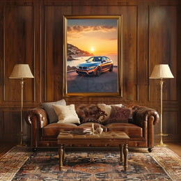 Luxury Sports Car Sunset Scene in Mediterranean Travel Poster PosterGoat