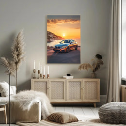 Luxury Sports Car Sunset Scene in Mediterranean Travel Poster PosterGoat