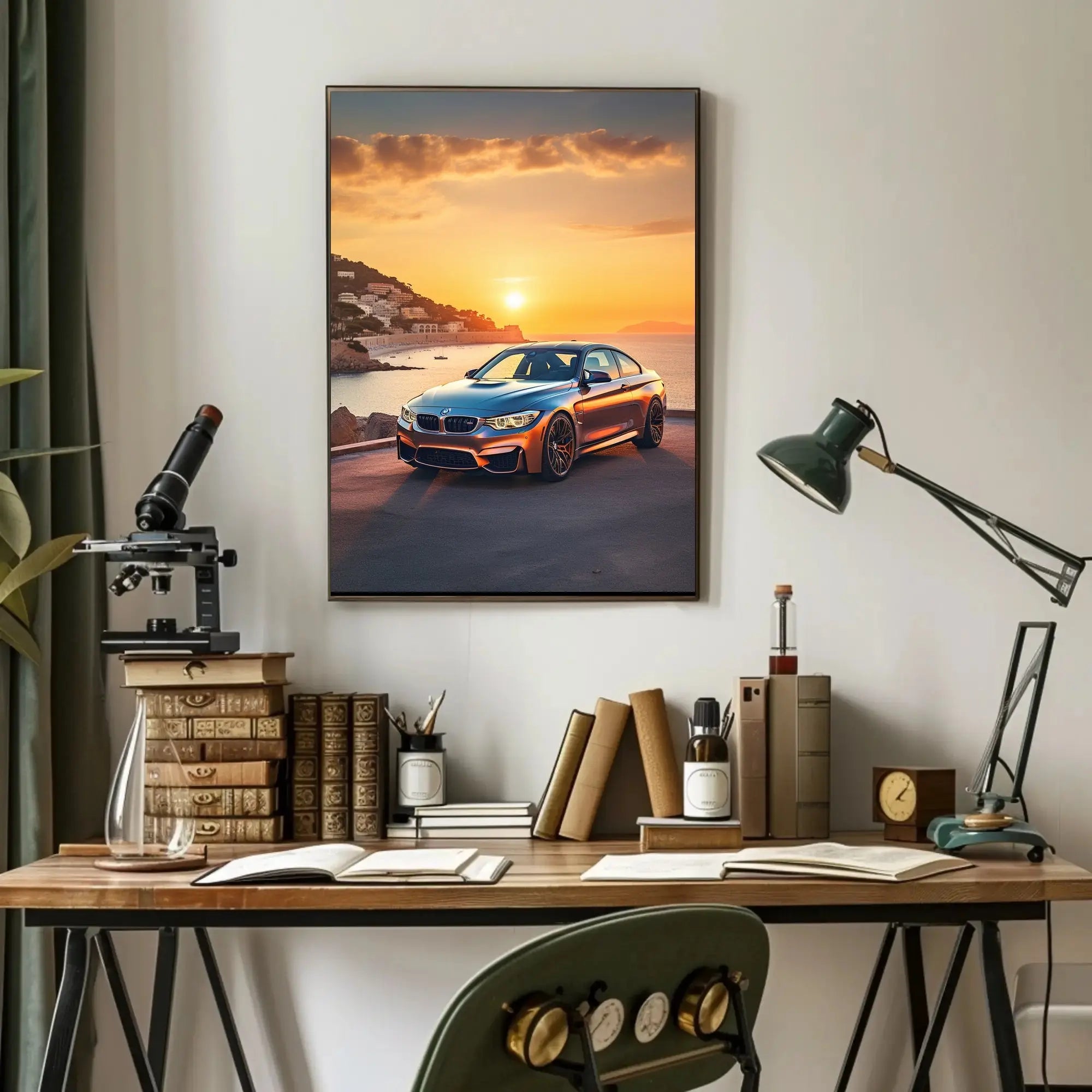 Luxury Sports Car Sunset Scene in Mediterranean Travel Poster PosterGoat