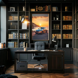 Luxury Sports Car Sunset Scene in Mediterranean Travel Poster PosterGoat