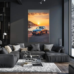 Luxury Sports Car Sunset Scene in Mediterranean Travel Poster PosterGoat