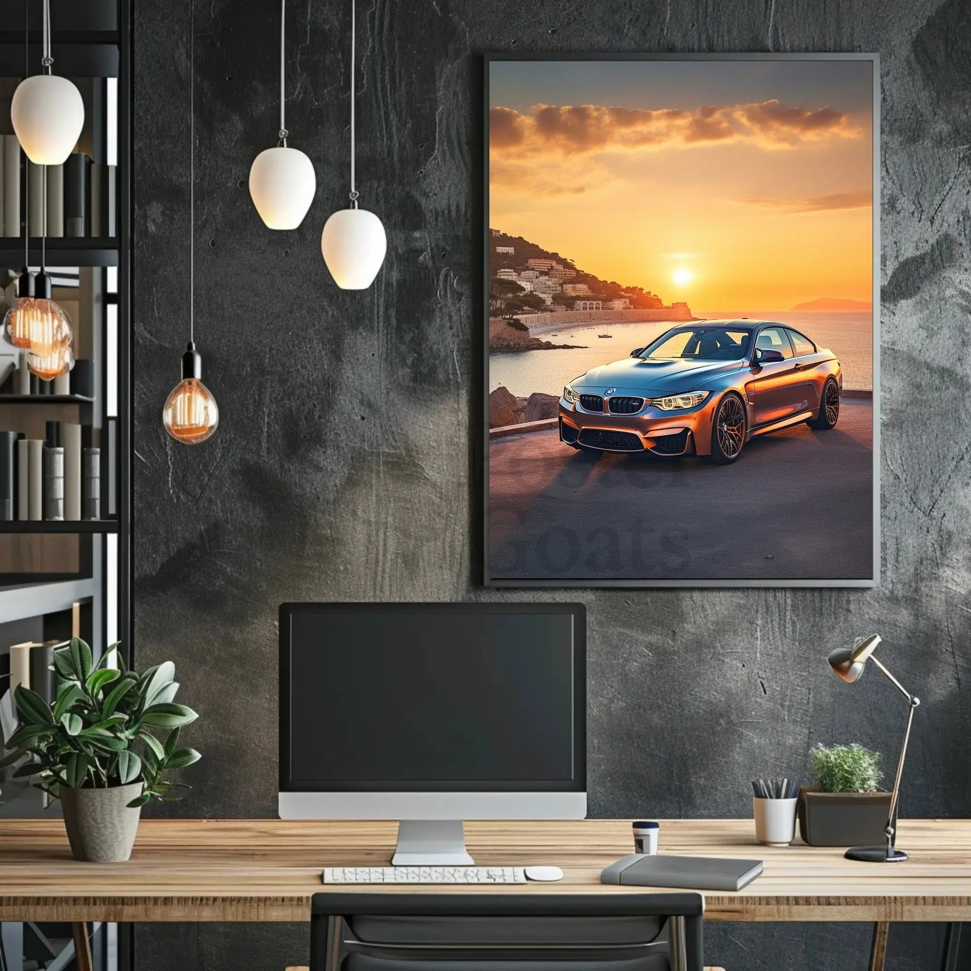 Luxury Sports Car Sunset Scene in Mediterranean Travel Poster PosterGoat