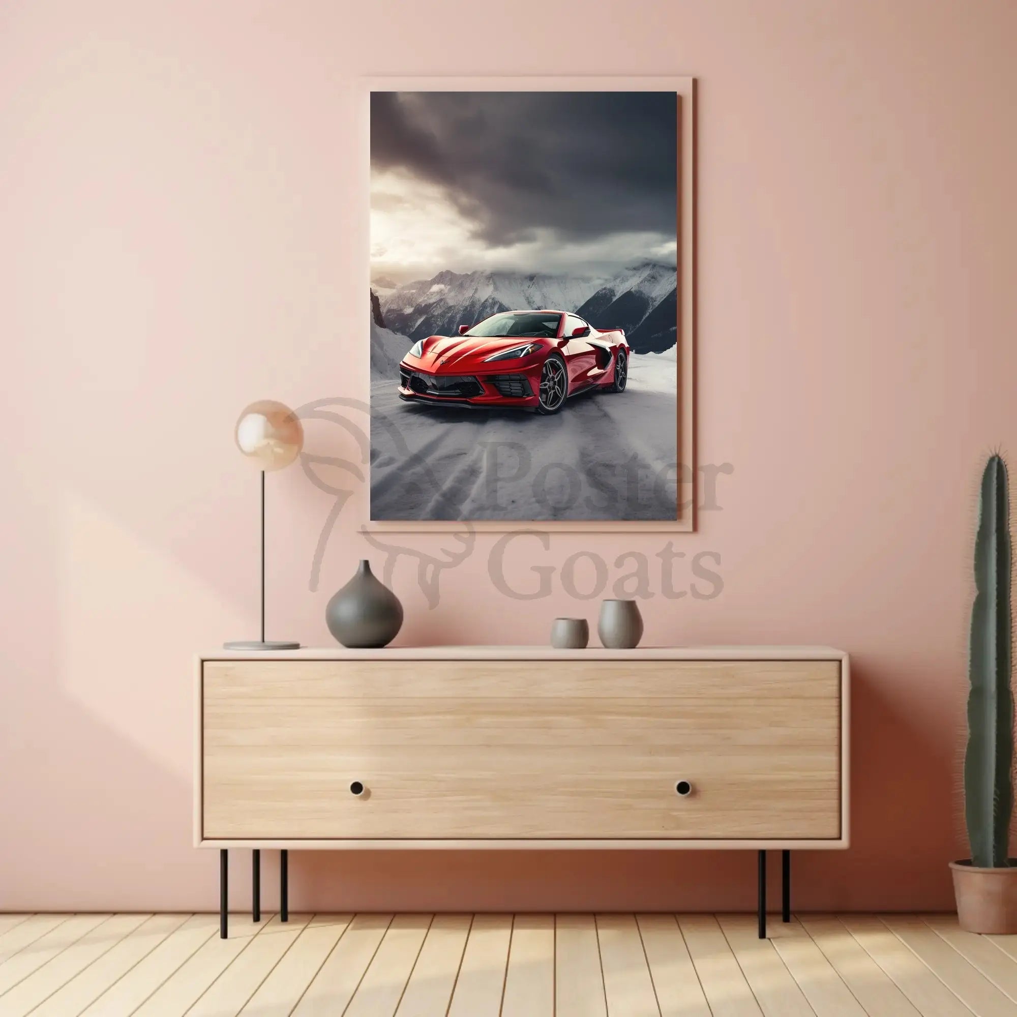 Luxury Sports Car in Alpine Mountains Art Poster PosterGoat