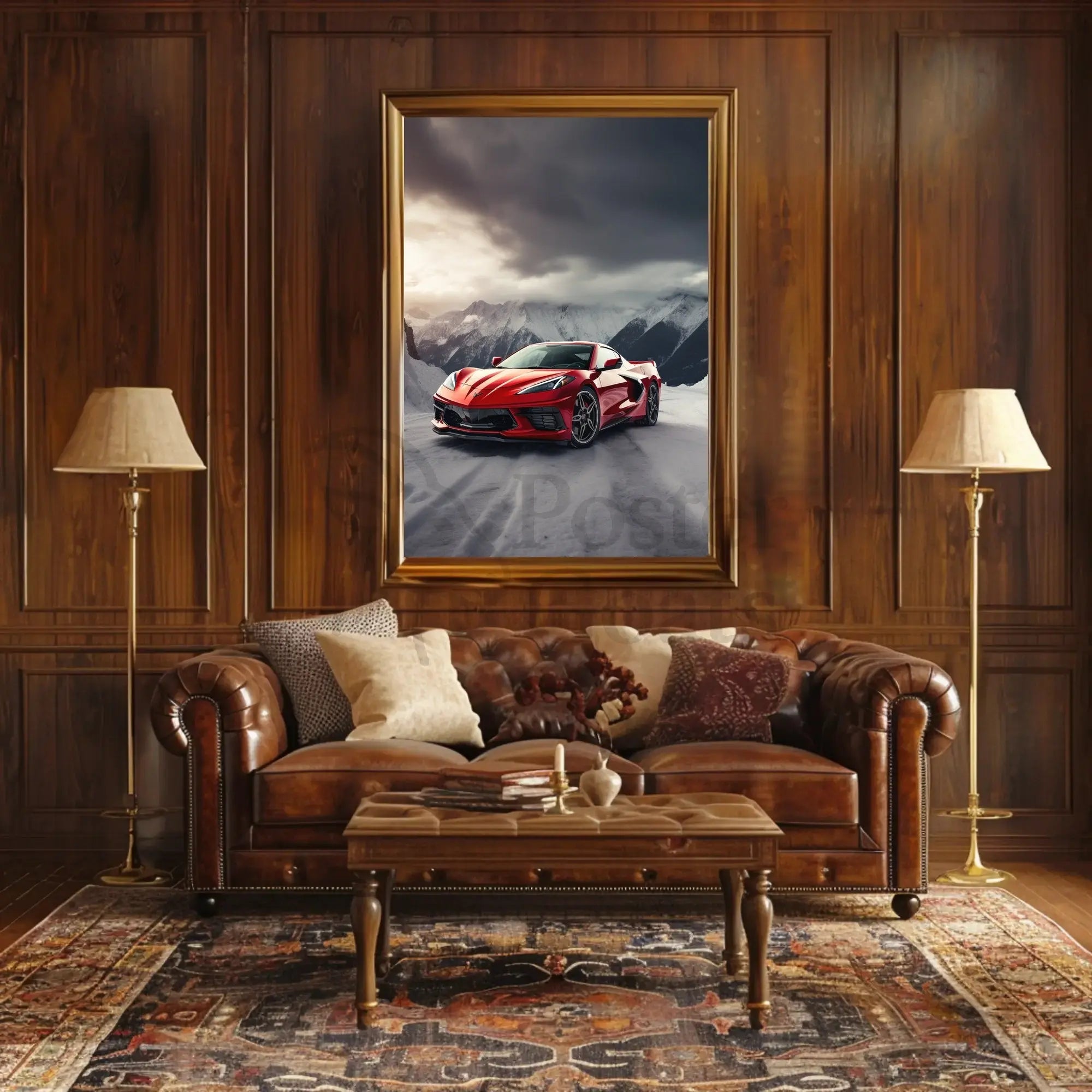Luxury Sports Car in Alpine Mountains Art Poster PosterGoat