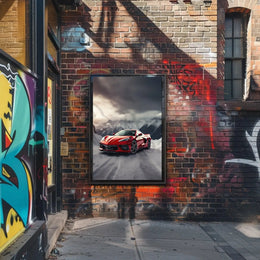 Luxury Sports Car in Alpine Mountains Art Poster PosterGoat