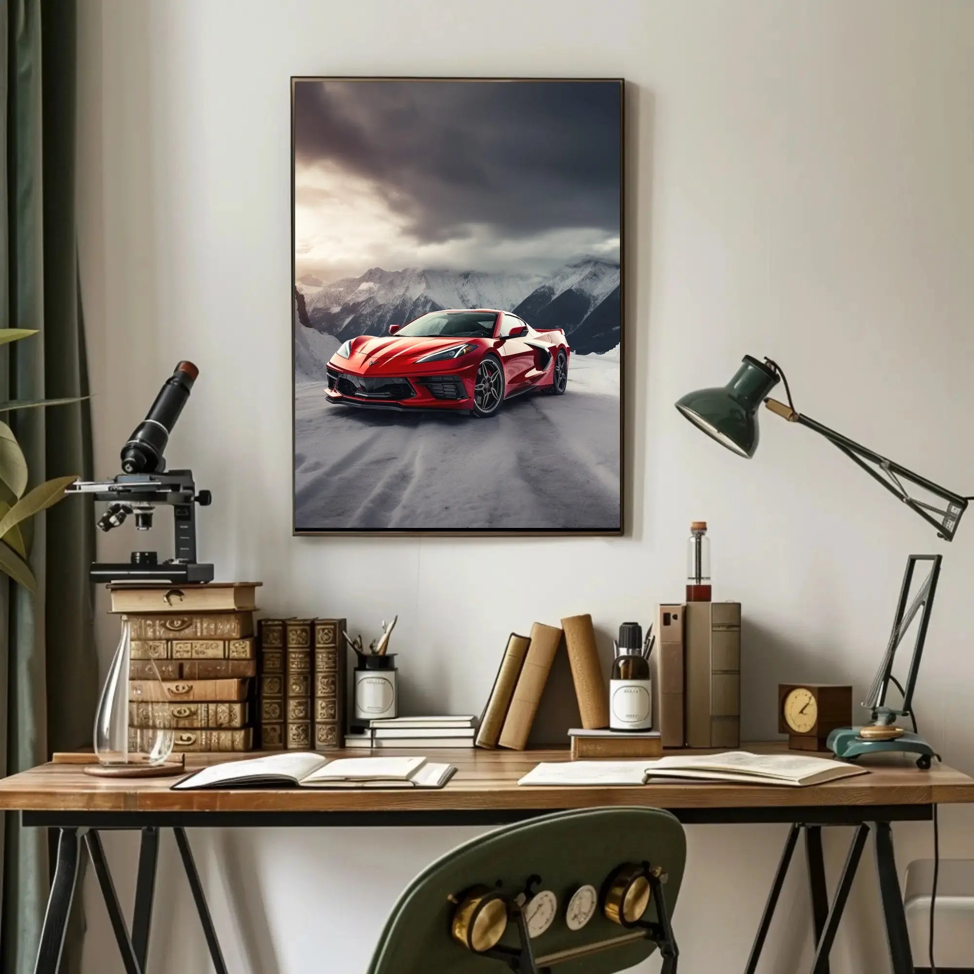 Luxury Sports Car in Alpine Mountains Art Poster PosterGoat