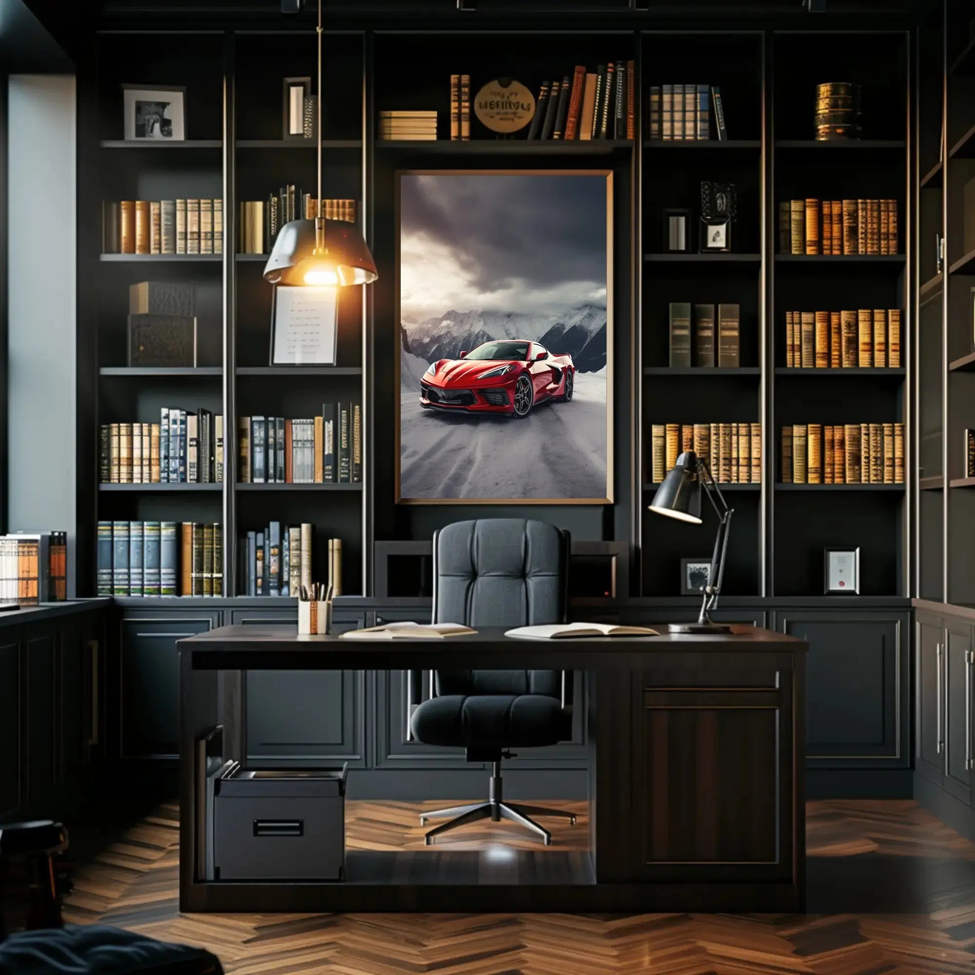 Luxury Sports Car in Alpine Mountains Art Poster PosterGoat