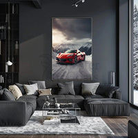 Luxury Sports Car in Alpine Mountains Art Poster PosterGoat
