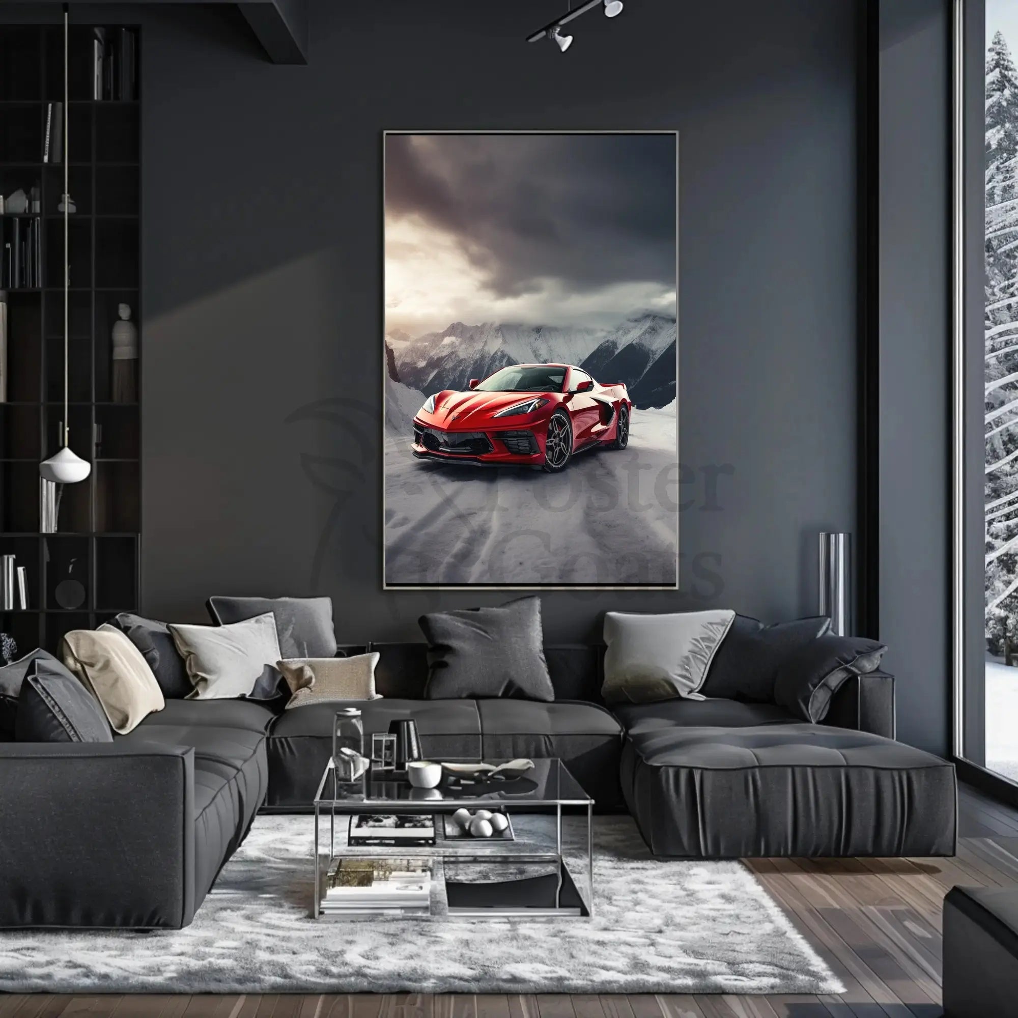 Luxury Sports Car in Alpine Mountains Art Poster PosterGoat