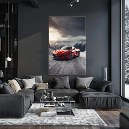 Luxury Sports Car in Alpine Mountains Art Poster PosterGoat