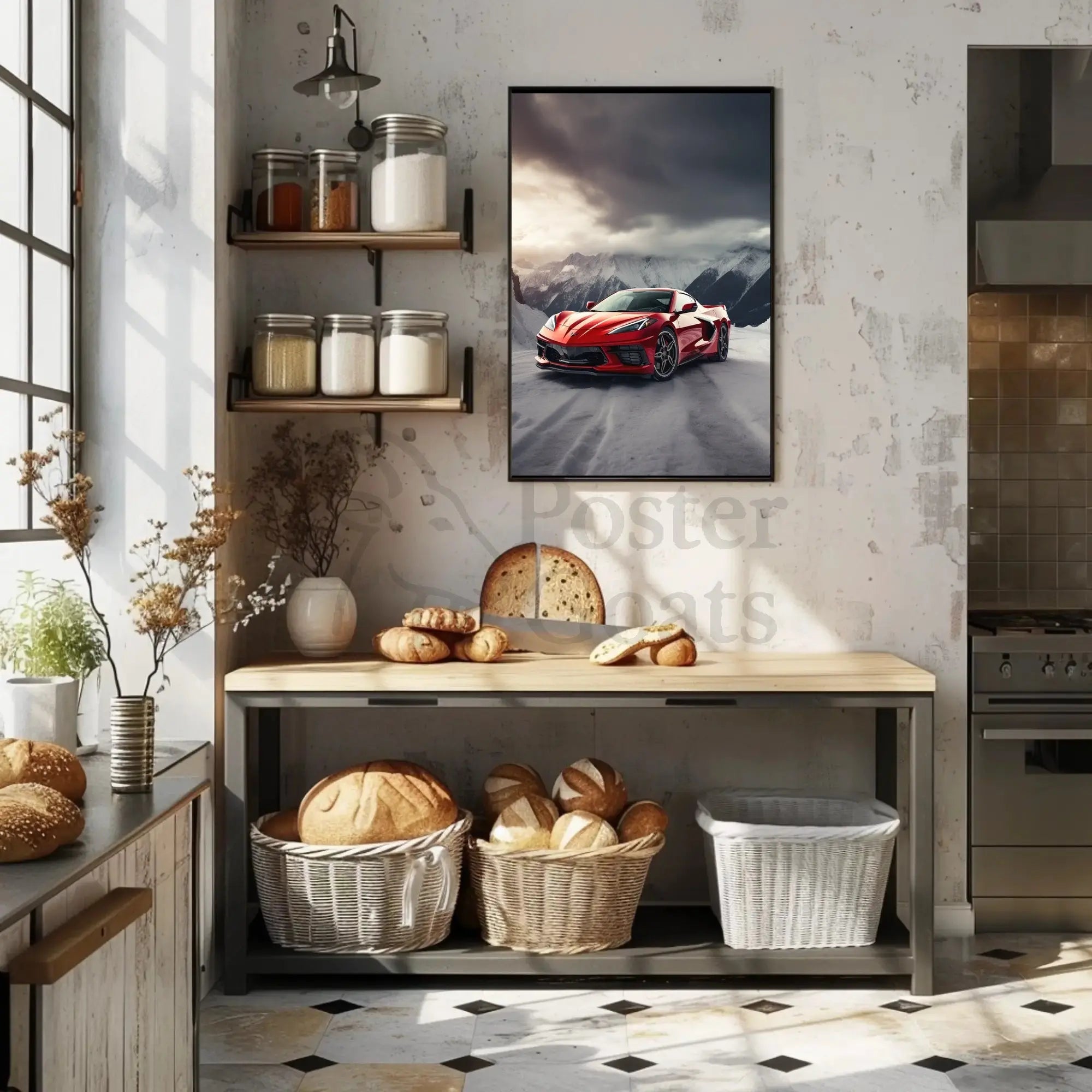 Luxury Sports Car in Alpine Mountains Art Poster PosterGoat