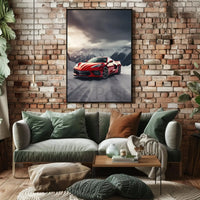 Luxury Sports Car in Alpine Mountains Art Poster PosterGoat