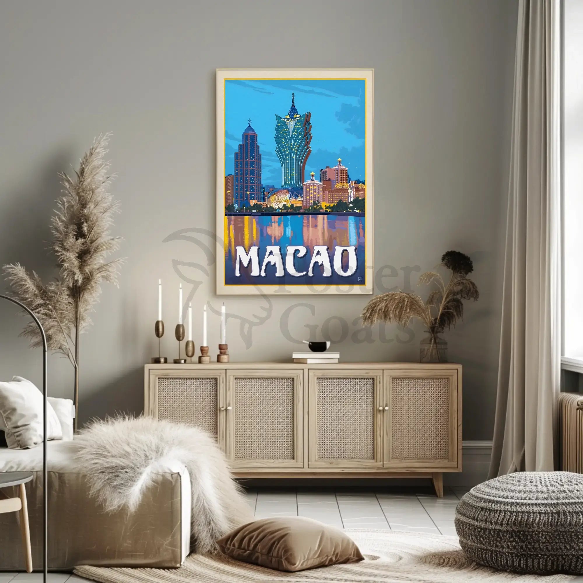 Macao Grand Lisboa Retro Cityscape Travel Poster PosterGoat