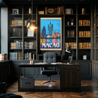 Macao Grand Lisboa Retro Cityscape Travel Poster PosterGoat
