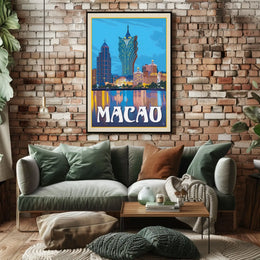 Macao Grand Lisboa Retro Cityscape Travel Poster PosterGoat