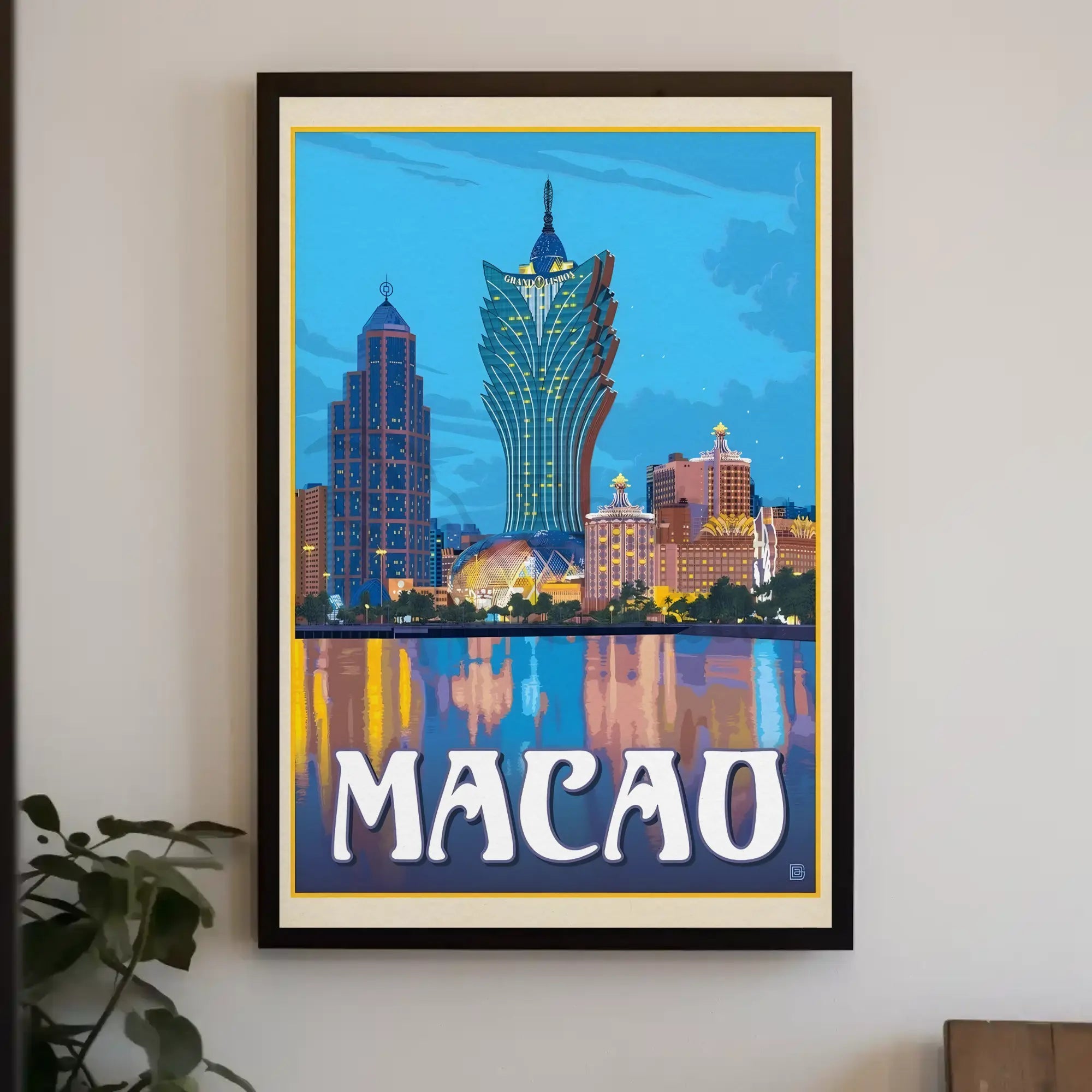 Macao Grand Lisboa Retro Cityscape Travel Poster PosterGoat
