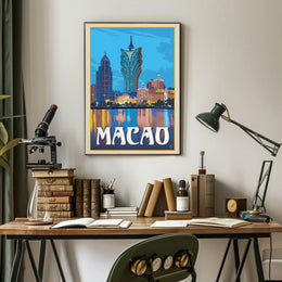 Macao Grand Lisboa Retro Cityscape Travel Poster PosterGoat