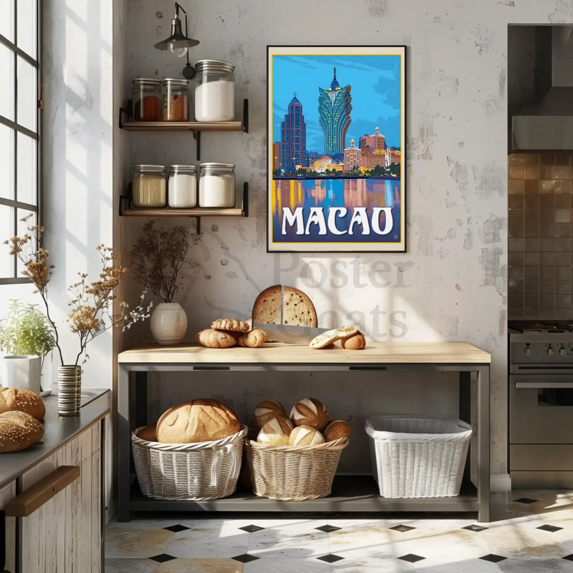 Macao Grand Lisboa Retro Cityscape Travel Poster PosterGoat