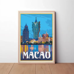 Macao Grand Lisboa Retro Cityscape Travel Poster PosterGoat