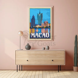 Macao Grand Lisboa Retro Cityscape Travel Poster PosterGoat