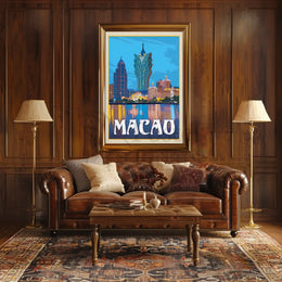 Macao Grand Lisboa Retro Cityscape Travel Poster PosterGoat