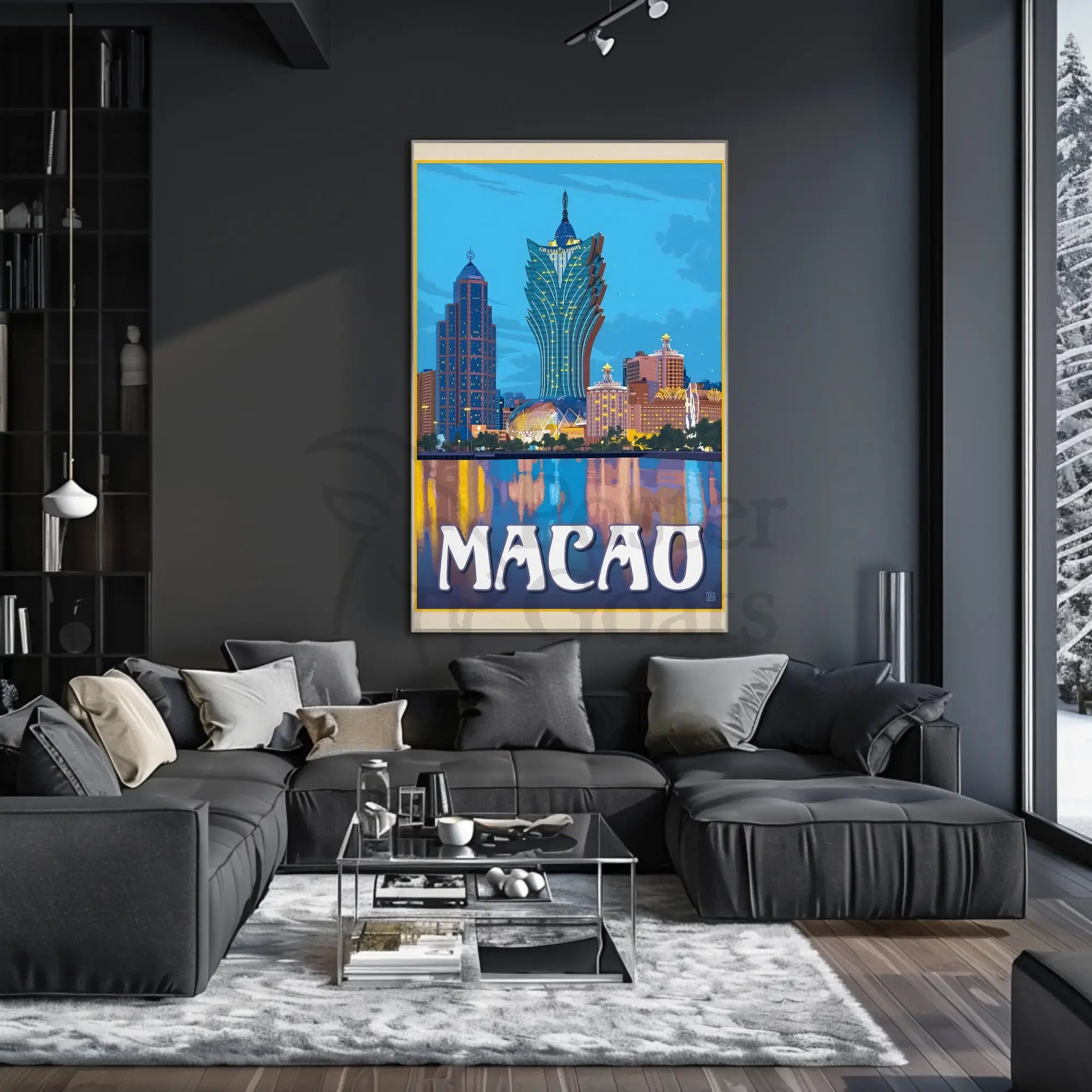 Macao Grand Lisboa Retro Cityscape Travel Poster PosterGoat