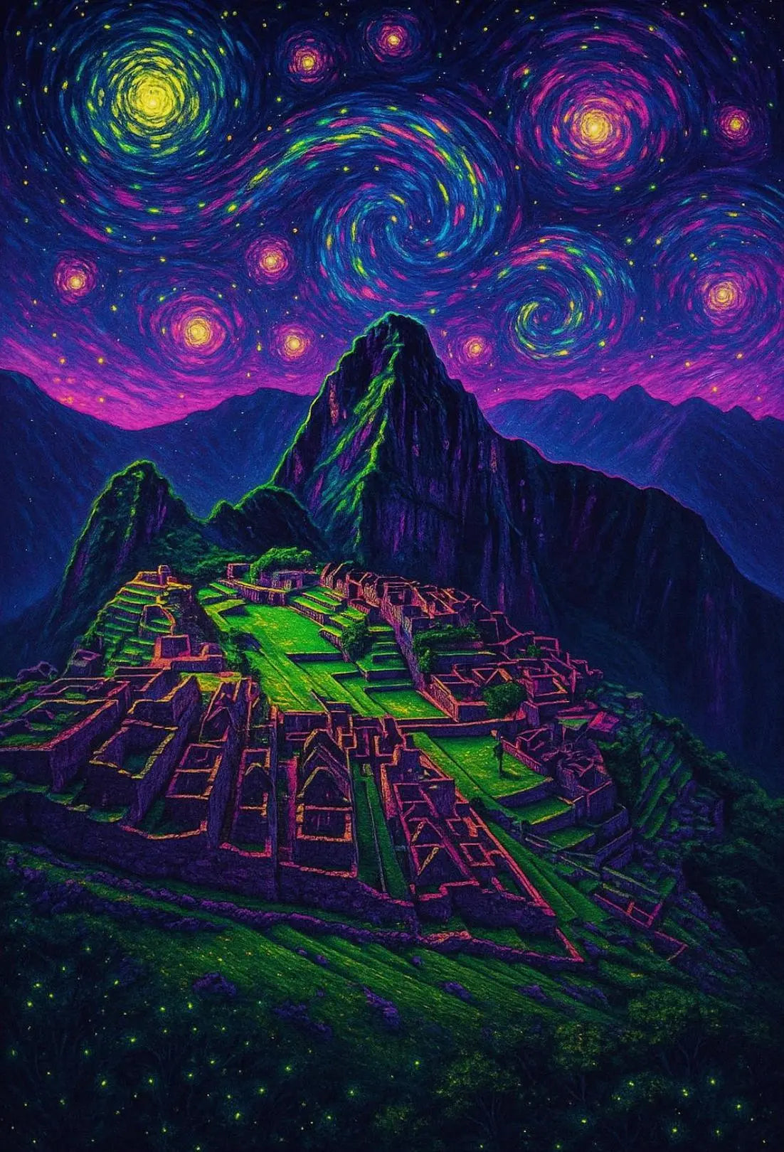 Machu Picchu Celestial Night View Artistic Poster PosterGoat