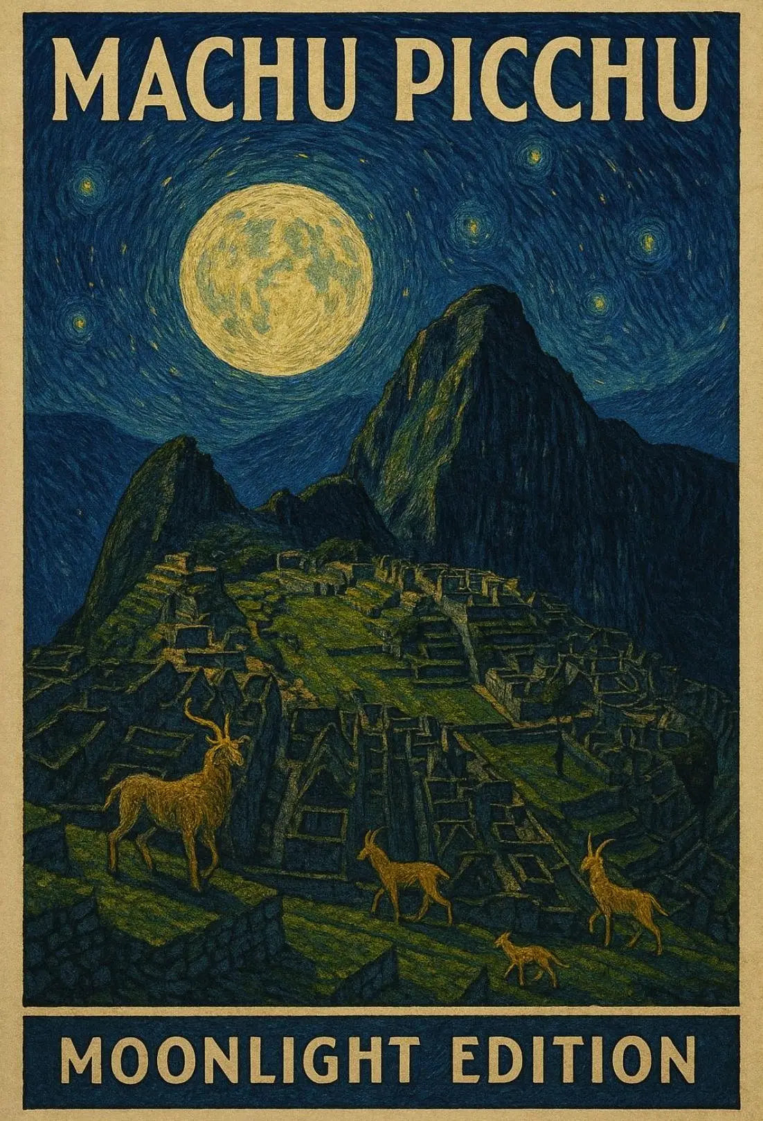 Machu Picchu under Moonlight Van Gogh Style Travel Poster PosterGoat